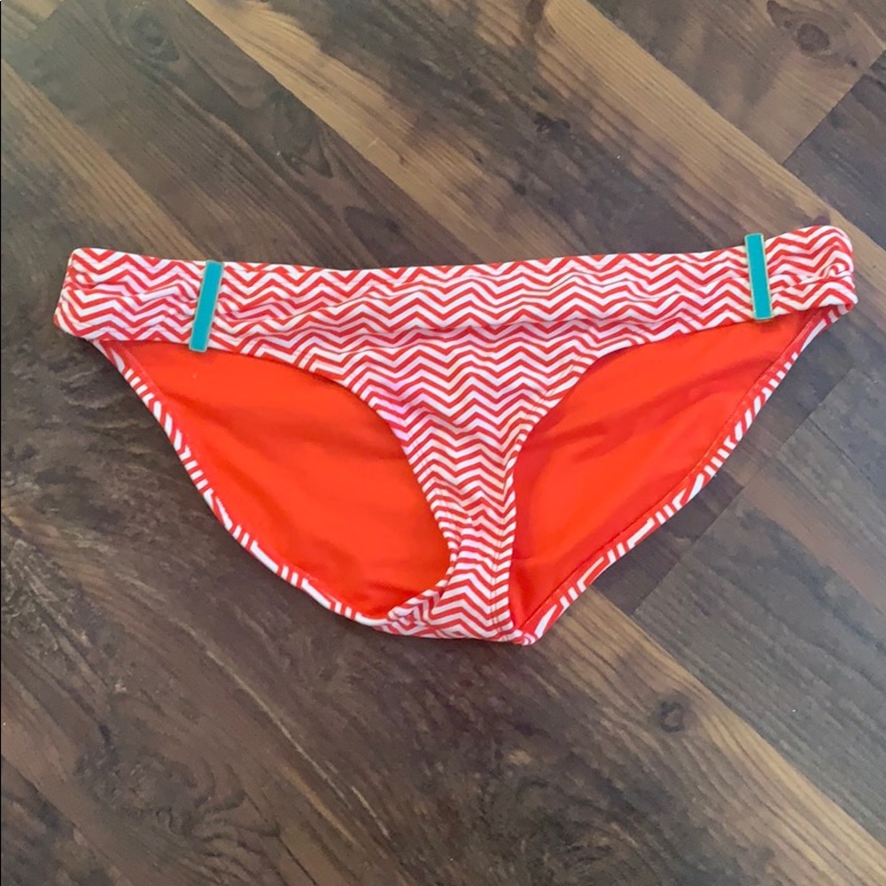 Orange, white, teal bathing suit bottoms